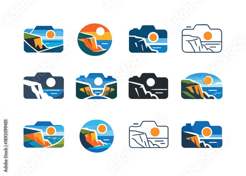 Summer Travel Icons. Travel photography (summer destinations). Icon set. Set Logo of travel photography (summer destinations): coastal cliff viewpoint.