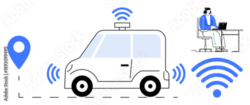 Autonomous vehicle concept. Autonomous car using GPS navigation and wireless connectivity for communication and remote monitoring. Autonomous technology applied in transport, logistics
