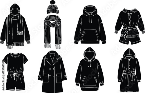 Black silhouette vector icons of winter clothes including hooded sweater scarf coat and knitted hat set with detailed outlines minimalist style isolated on white background
