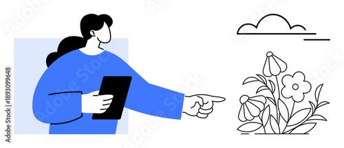 Education, technology, nature observation, communication, creativity, mindfulness. Woman holding a tablet and pointing at flowers under a cloud. education and technology concepts