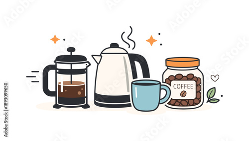 Cozy Coffee Corner. Home coffee brewing setup. French press, kettle, mug, and coffee jar placed together, showing relaxed preparation and cozy kitchen moment.