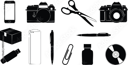Black silhouette vector icons set including smartphone camera scissors cardboard pen usb lighter clip bottle and cd design collection