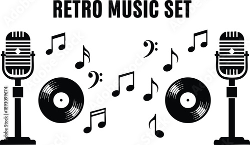 Black retro microphone and vinyl record set with music notes on white background minimalist vector art design collection of vintage sound icons and musical symbols