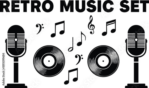Black and white retro music set featuring vintage microphones vinyl records and musical notes in a minimalist vector design style isolated on white background