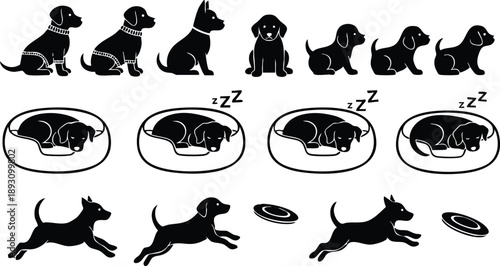 Black silhouette vector dogs in different poses sitting standing sleeping jumping and playing frisbee isolated on white background with playful action sequence and simple design