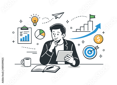Entrepreneurial Progress Planning. Small business growth. An entrepreneur reviews charts and notes on a tablet, thinking about progress and next steps. Calm