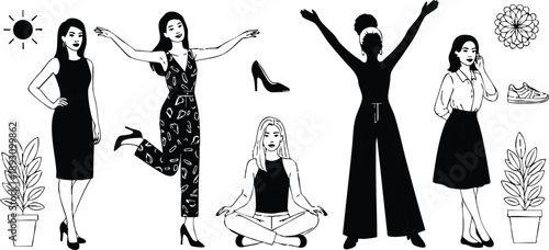 Minimalist vector flat design body women poses lineup showing smiling businesswoman casual jumper woman meditating joyful celebrant talking on phone high heels plants sun studio scene