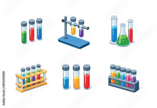 Science Lab Icons. Science Lab. Isometric flat vector icons set of Science Lab: colorful test tube liquids, test tube holder with base, tall lab tubes, varied
