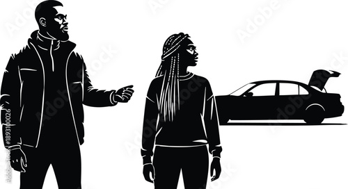 Black silhouette vector art of man pointing and woman looking away near car with open trunk on white background minimal concept