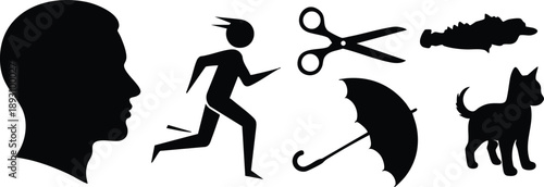 Silhouette profile head with running person scissors umbrella fish and dog icons simple black vector graphic design isolated on white background