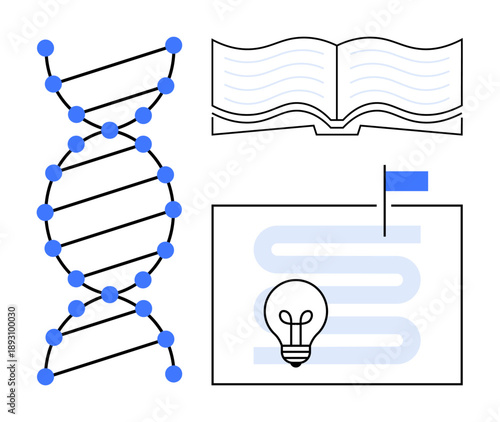 Science concept. DNA strand, book, map, and light bulb scientific discovery, learning, and innovation. Science fostering progress in knowledge exploration and creative thinking. Ideal
