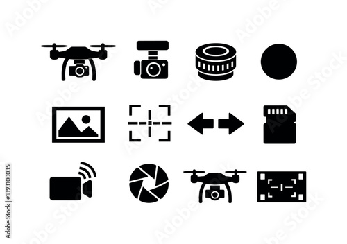 Drone Icon Set. Camera Drone. Solid icon set of Camera Drone: drone with camera, gimbal mount, lens focus ring, video recording dot, photo frame, stabilization