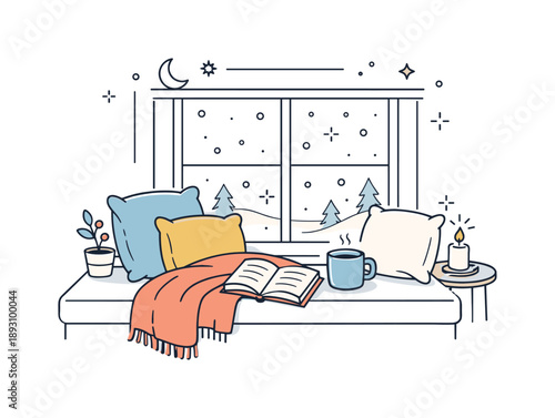 Cozy Winter Retreat. Winter cozy home scenes. Clean editorial composition featuring a window seat with pillows, blanket and a book, snow softly falling