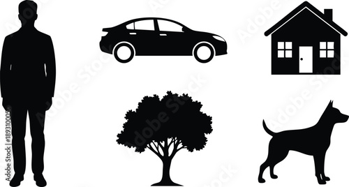 Black silhouette icons of standing man car house tree and dog isolated on white background simple vector design set including human vehicle home nature and pet shapes