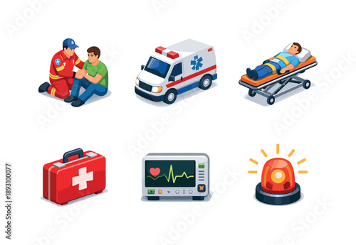 Emergency Medical Icons. Emergency medical response. Isometric flat vector icons set of Emergency medical response: paramedic assisting injured patient,