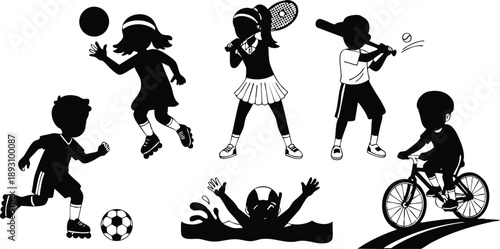 Silhouette children playing sports with soccer ball swimming tennis racket baseball bat and cycling on curved road vector art black and white style