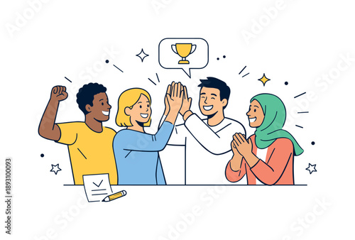 Teamwork Celebration. Multicultural team success. Team members celebrating a small achievement together. Positive energy, inclusion and teamwork spirit.