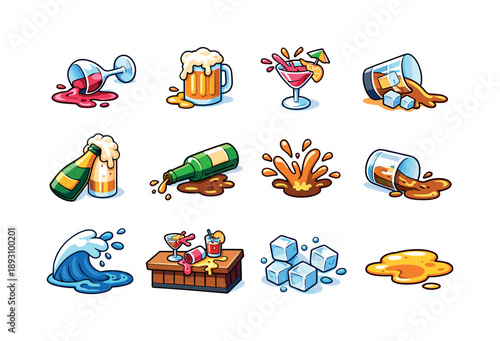 Colorful Drink Spills. Alcoholic drink spilling. Colorful isometric vector icons set of Alcoholic drink spilling: spilled wine glass, beer mug overflow,