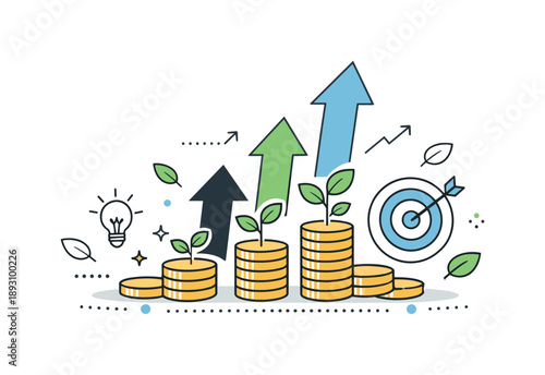 Venture Capital Growth. Venture capital growth. A symbolic illustration showing upward arrows, coins, and small plants representing investment