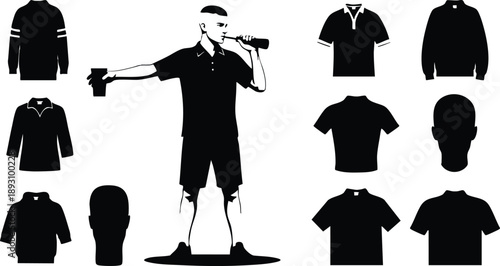 Silhouette vector of man drinking beverage holding cup standing front view surrounded by various polo shirts and jacket vector art design icons
