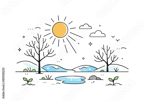 Sunlit Winter's End. Sunlight after winter concept. A calm editorial scene with soft sunlight breaking through after winter, illuminating bare trees and fresh