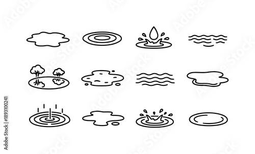 Puddle Icon Set. Puddle. Line icon set of Puddle: rain puddle, water ripple, raindrop splash, shallow water, ground reflection, muddy puddle, water surface