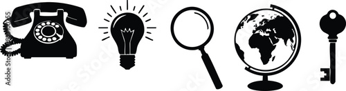 Black silhouette icons of old rotary phone glowing light bulb magnifying glass globe and vintage key in simple flat style isolated on white background