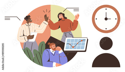 Teamwork, business growth, time tracking, workplace communication, productivity, collaboration. People high-fiving, analyzing data and checking time. Teamwork and productivity concepts