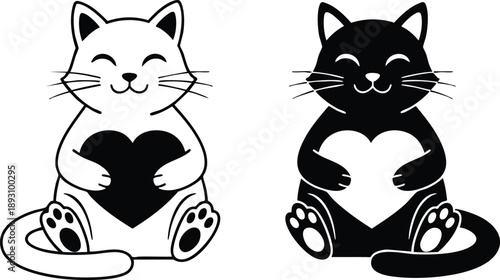 Cute smiling black and white cats holding heart shapes sitting facing forward adorable minimalist vector art design with playful love theme and simple silhouette style