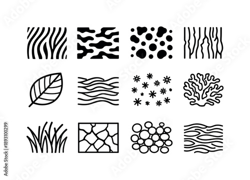 Natural Pattern Icons. Natural Patterns. Line icon set of Natural Patterns: stripes camouflage, spots camouflage, mottled texture, bark texture blend, leaf