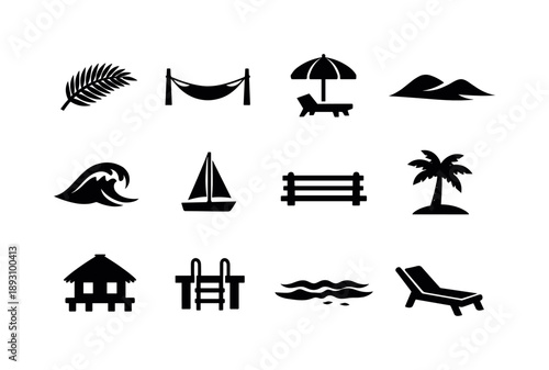 Tropical Icon Set. Sunrise and sunset. Solid icon set of warm-weather silhouettes: palm frond, hammock, beach umbrella, sand dune, tropical wave, boat mast,