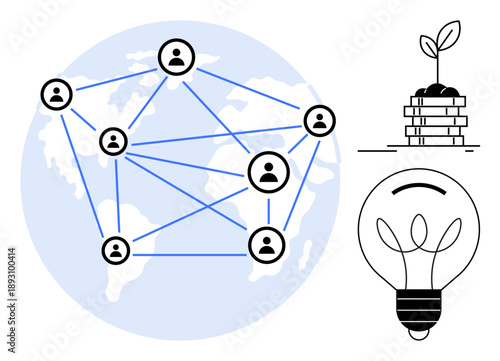 Teamwork, global cooperation, innovation, sustainability, entrepreneurship, renewable solutions. Networked global connections, lightbulb stack of coins with plant. Teamwork and global cooperation