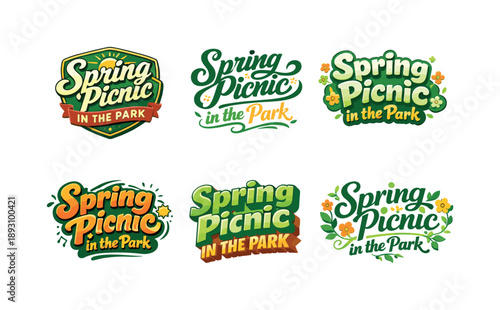 Creative Spring Lettering. Spring picnic in the park. Set lettering. harmonious lettering variations of the same emblematic concept, each with different
