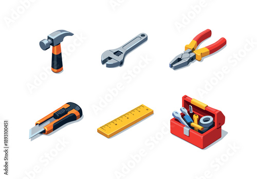 Isometric Hand Tools. Hand Tools. Isometric flat vector icons set of Hand Tools: claw hammer, adjustable wrench, combination pliers, utility knife, measuring