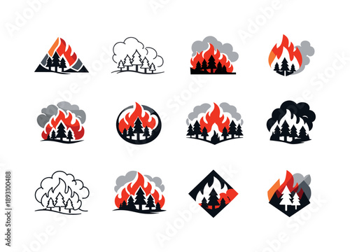Wildfire Impact Icons. Wildfires and their ecological consequences. Icon set. Set Logo of wildfires and their ecological consequences: wildfire smoke and