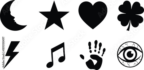 Minimalist black silhouette vector icons including crescent moon face star heart clover lightning music note handprint and eye symbols on white background