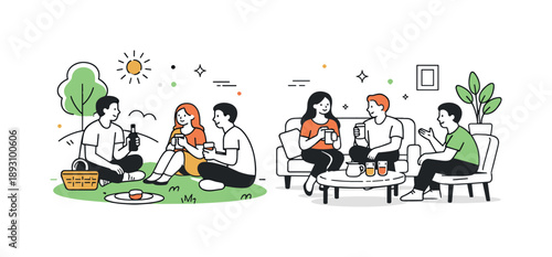 Relaxed Group Gathering. People spending time together overview. A calm editorial scene showing a small group of people chatting, sharing drinks, or enjoying a