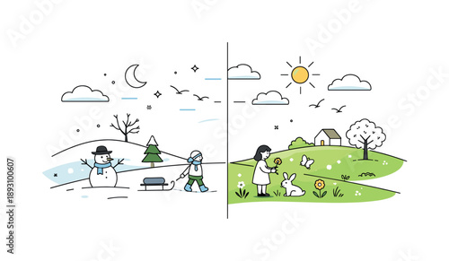 Winter Meets Spring. Seasonal split landscape winter to spring. Minimal hills divided into snowy and green sections, with clouds and sun transitioning across