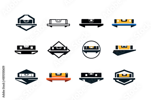 Shelf Installation Icons. Installing shelves. Icon set. Set Logo of Installing shelves: level tool on shelf. harmonious logo variations of the same emblematic
