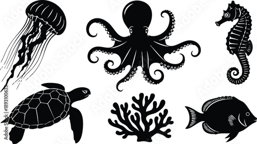 Black silhouette sea creatures collection including jellyfish turtle octopus seahorse coral and fish isolated on white background vector art detailed marine life illustrations