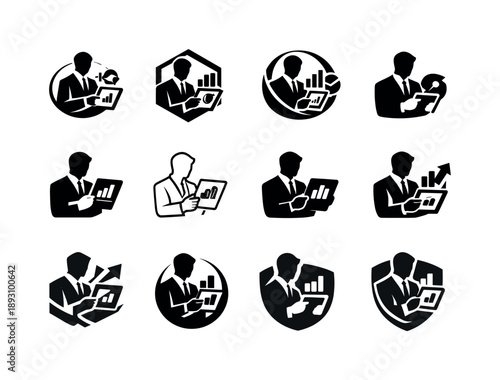 Businessman Logo Variations. Businessman analyzing reports on a digital tablet. Icon set. Set Logo of businessman analyzing reports on a digital tablet:
