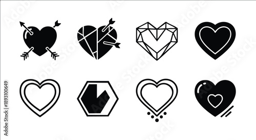 Minimalist black and white heart icons with arrows broken and geometric designs in flat vector style isolated on white background showing love concept