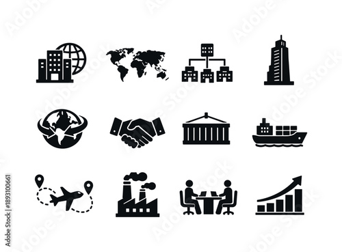 Multinational Icons Set. Multinational Corporations. Solid icon set of Multinational Corporations: global headquarters building, world map, interconnected