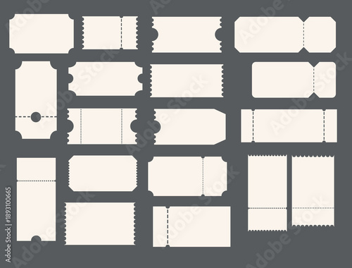 This vector illustration features a comprehensive collection of blank ticket and coupon templates, showcasing various shapes, sizes, and perforated edges for use in design projects related to events, 