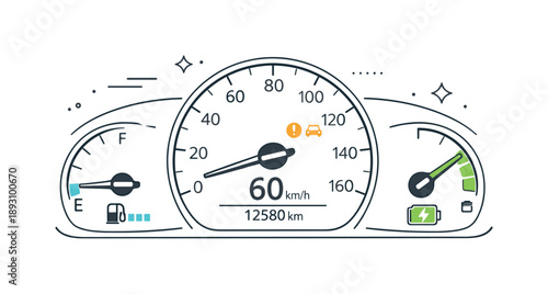 Modern Car Dashboard. Car dashboard with indicators. A clean interior scene showing a modern car dashboard with speedometer, fuel and battery indicators