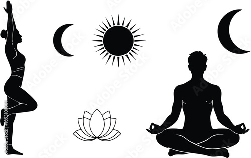 Vector silhouette art of woman balancing on one leg and man meditating crosslegged with lotus sun and crescent moon spiritual yoga symbols black and white design