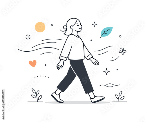 Mindful Walk. Mindful Lifestyle. A character walking calmly with flowing motion lines and abstract shapes, symbolizing slow living and awareness. Light
