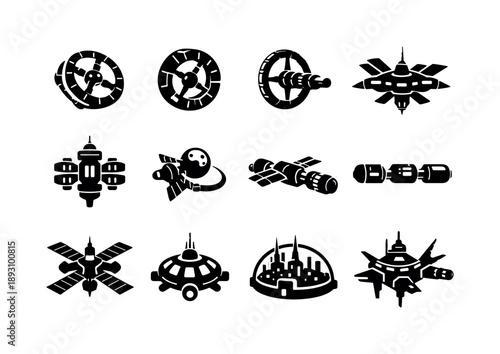 Space Station Icons. Future Space Stations. Solid icon set of Future Space Stations: rotating space station, ring habitat, artificial gravity