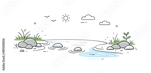 Tranquil Riverbank Scene. Riverbank moment. A peaceful riverbank with grass and stones along the water edge. Slow nature observation and calm outdoor