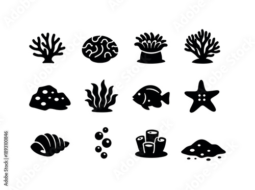 Underwater Icon Set. Underwater Coral Garden. Solid icon set of Underwater Coral Garden: coral branch, brain coral, sea anemone, soft coral fan, reef rock,